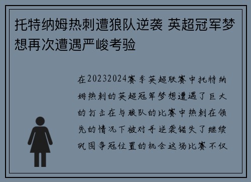 托特纳姆热刺遭狼队逆袭 英超冠军梦想再次遭遇严峻考验