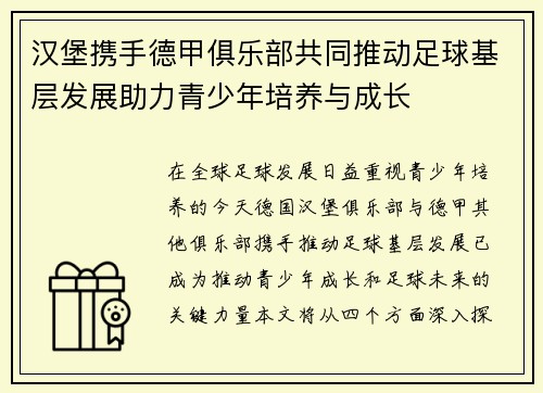 汉堡携手德甲俱乐部共同推动足球基层发展助力青少年培养与成长