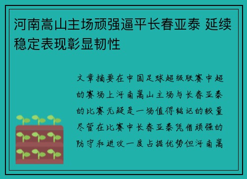 河南嵩山主场顽强逼平长春亚泰 延续稳定表现彰显韧性