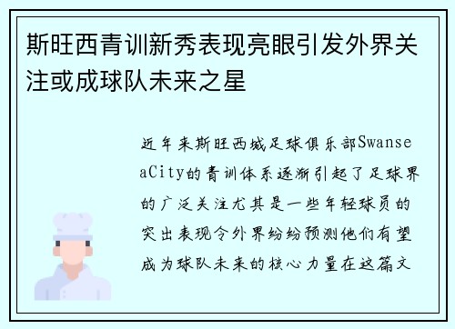 斯旺西青训新秀表现亮眼引发外界关注或成球队未来之星