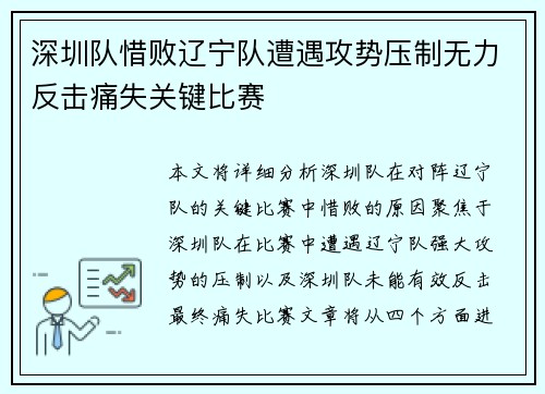 深圳队惜败辽宁队遭遇攻势压制无力反击痛失关键比赛