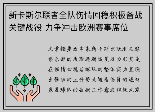 新卡斯尔联者全队伤情回稳积极备战关键战役 力争冲击欧洲赛事席位